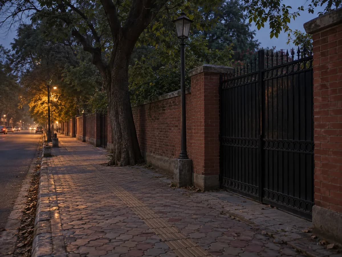 Illustration of a closed park gate and dimly lit college-area footpath at dusk.