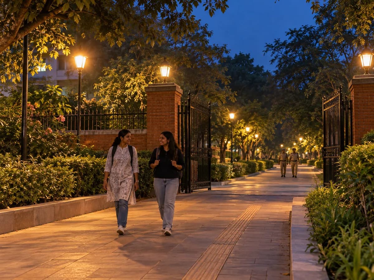 Illustration of a well-lit public walkway with people using the space after sunset.